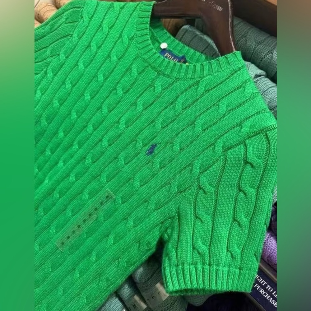 🍀♥️🍀 Polo Ralph Lauren Cable-Knit Cotton Short-Sleeve Green Sweater size S